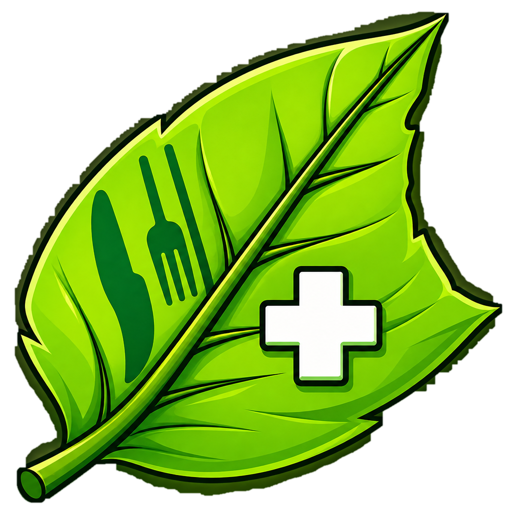 Illustration eines grünen Blatts mit Klinik- und Ernährungssymbolen