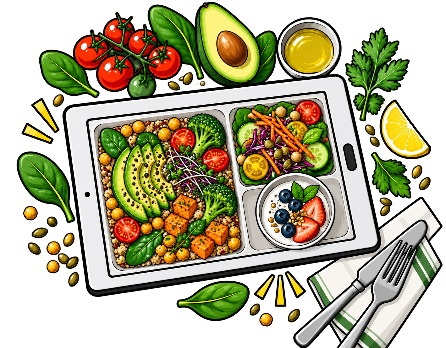 Illustration einer digitalen Klinikmahlzeit mit Gemüse, Fisch und frischen Zutaten